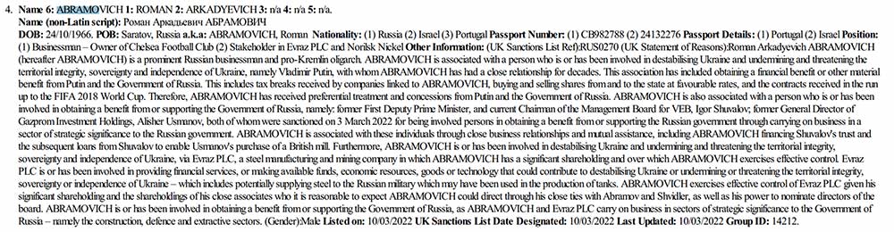 Abramovich's entry on OFSI's Consolidated List